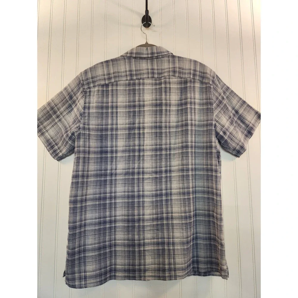 Banana Republic Mens L‎ Slim Fit Short Sleeve Plaid Button Down Shirt Blue Sheer